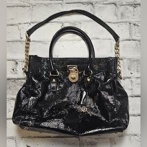Michael Kors Hamilton Black Glossy Patent Leather Tote Bag Satchel